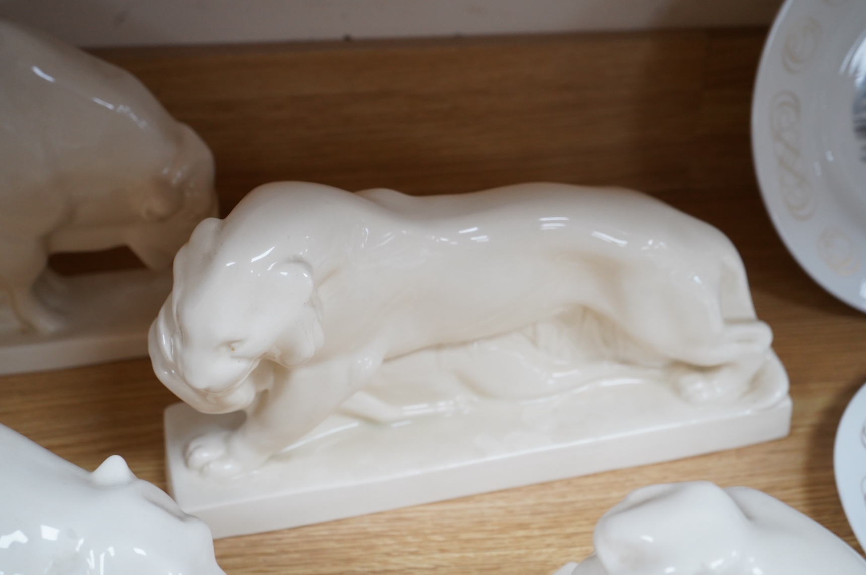 John Skeaping for Wedgwood, six animal figures comprising a Bison, Tiger, Polar Bear, deer, monkey and deer, largest 34cm wide